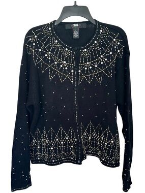 Vintage Black Gold Beaded Holiday Cardigan Sweater L Sequins Snowflake Christmas